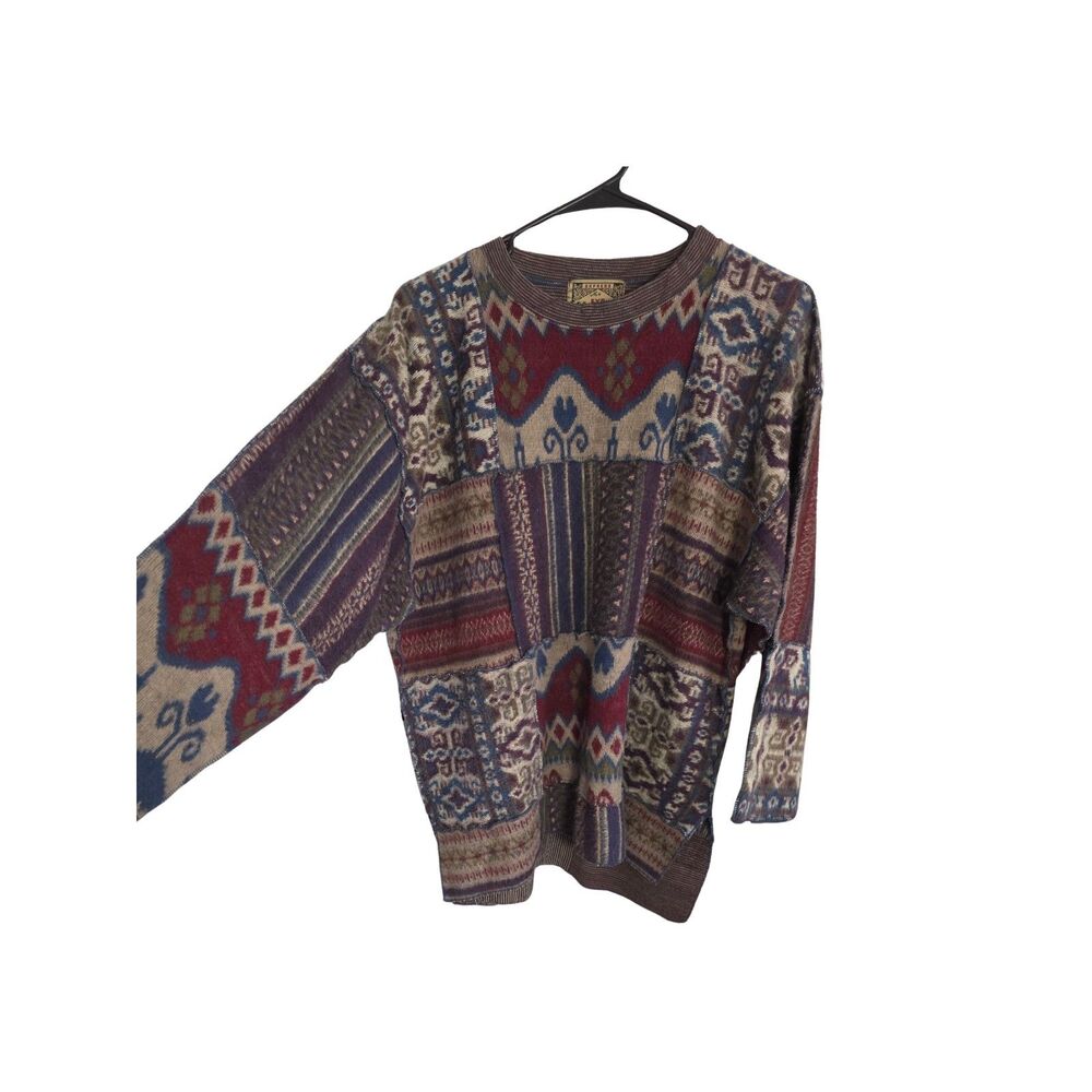 VTG 90s Express EXP Jeans Patchwork Knit Sweater One Size Coogi Style Boho